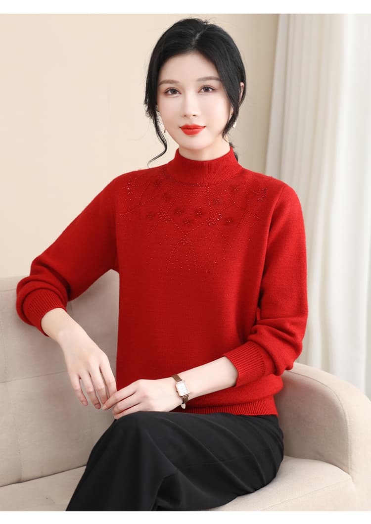 60代ファッション 上品フラワー刺繍モックネックニット