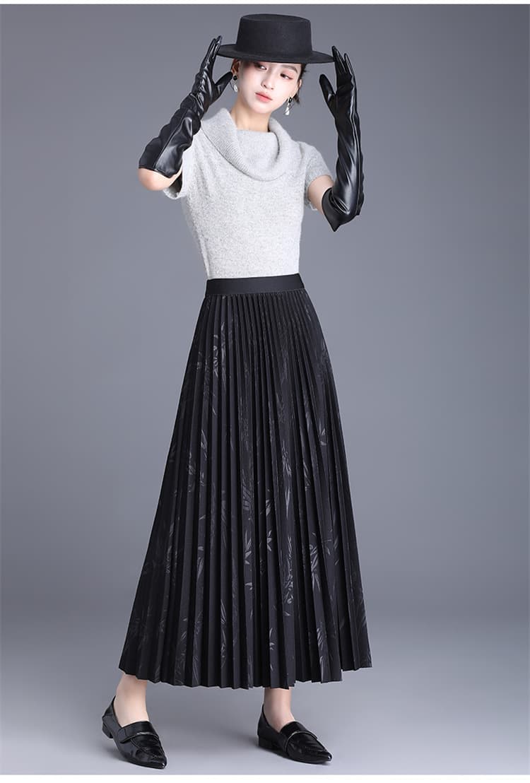 60代ファッション 上品プリーツロングスカート