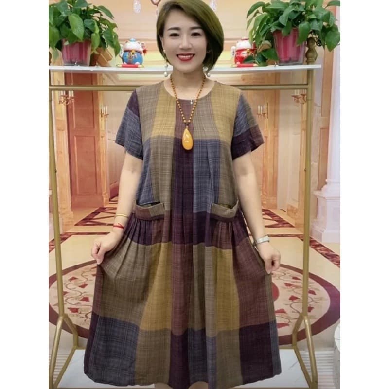 60代ファッション シンプルゆったりロング丈ワンピース