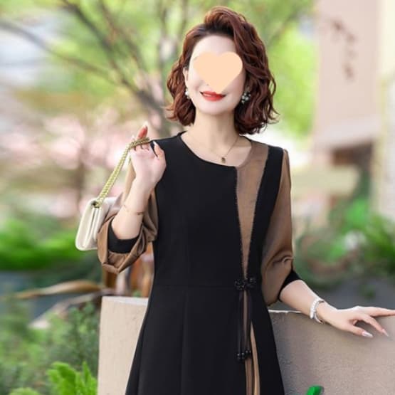 60代ファッション 優美な配色切替デザインワンピース
