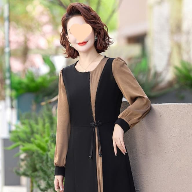 60代ファッション 優美な配色切替デザインワンピース