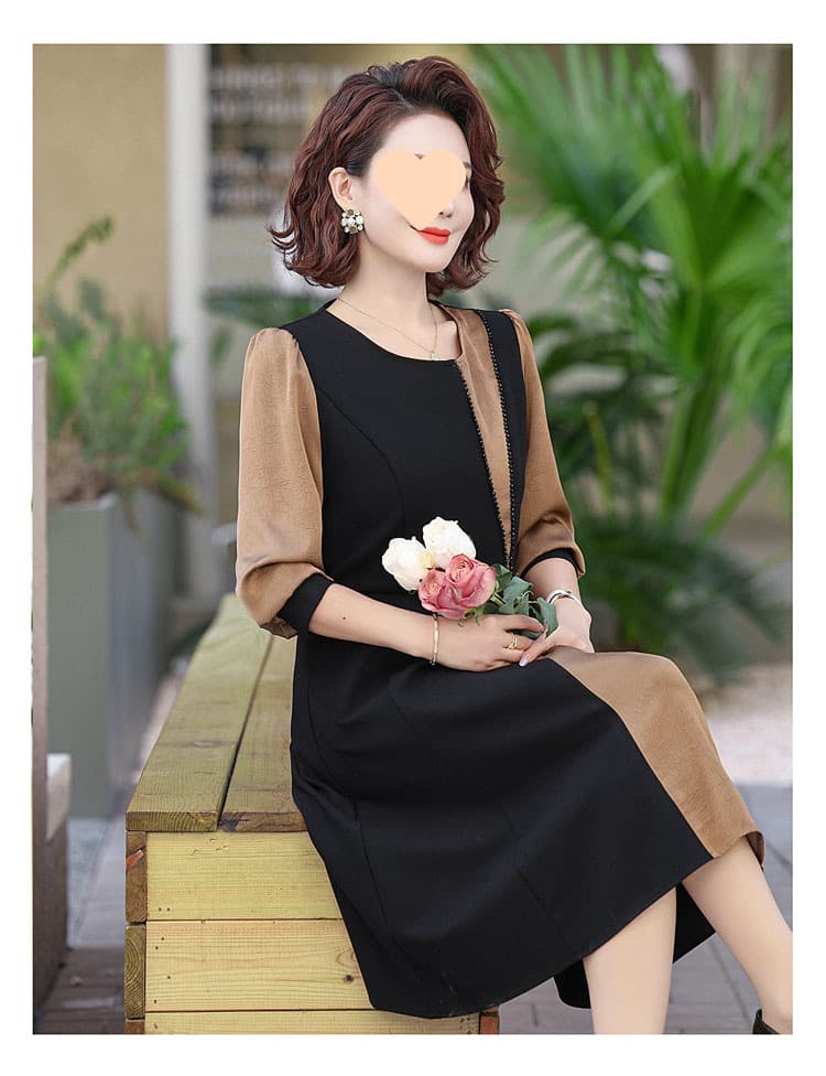 60代ファッション 優美な配色切替デザインワンピース