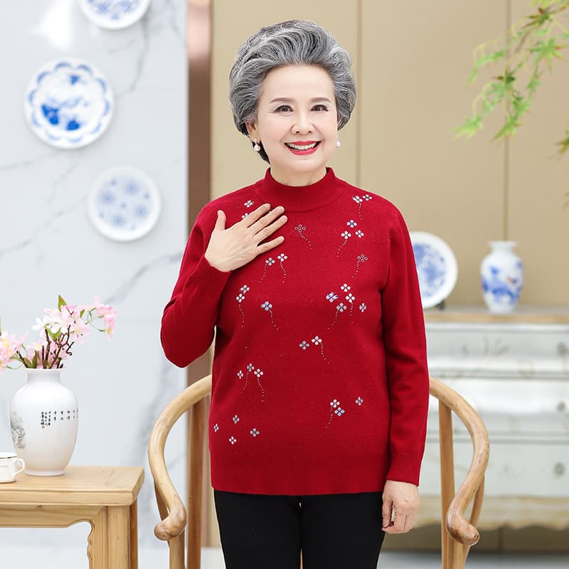 60代ファッション 花模様モックネックニット