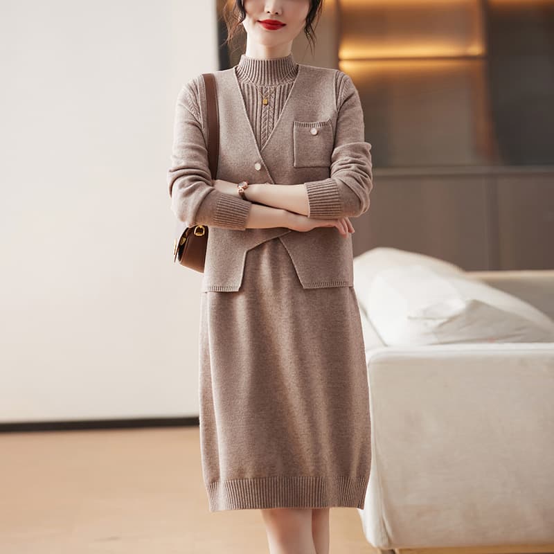60代ファッション 大人上品プリーツデザインニットワンピース