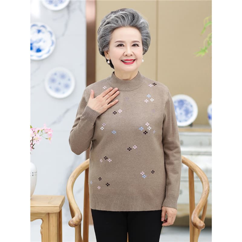 60代ファッション 花模様モックネックニット