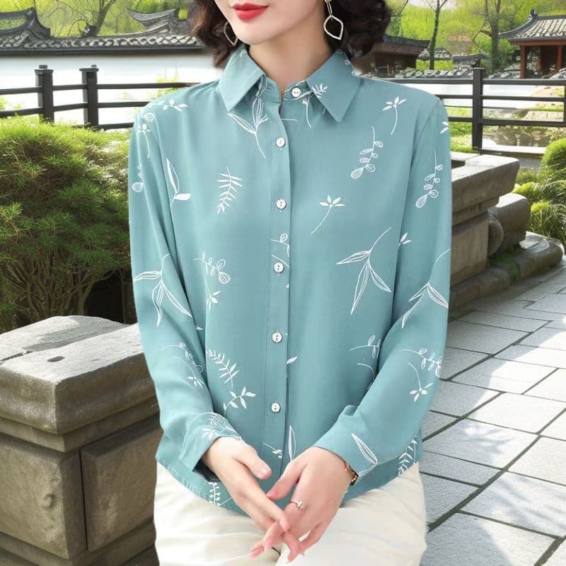 60代ファッション 優雅な葉柄プリントコレクションブラウス