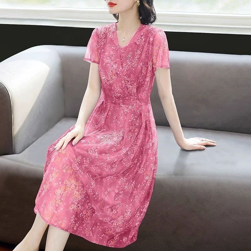 60代ファッション 上品シアー花柄シフォンワンピース